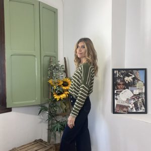 Jersey punto fino, rayas en verde con crudo