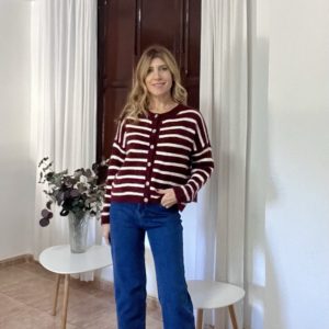 Chaqueta punto rayas granate con crema