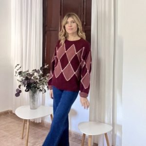 Jersey Diana cuello caja dibujo rombos burdeos